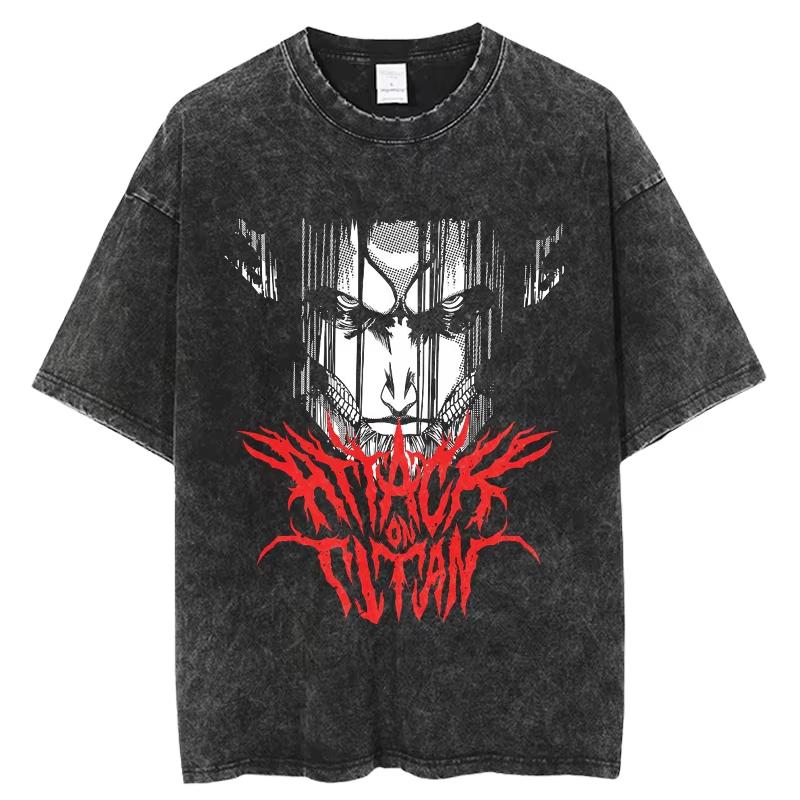 Summer Hot Sale Anime Attack On Titan Eren Jaeger Print Washed T-shirts Men Women Casual Retro Cotton T Shirt Hip Hop Streetwear Oversized T-shirt
