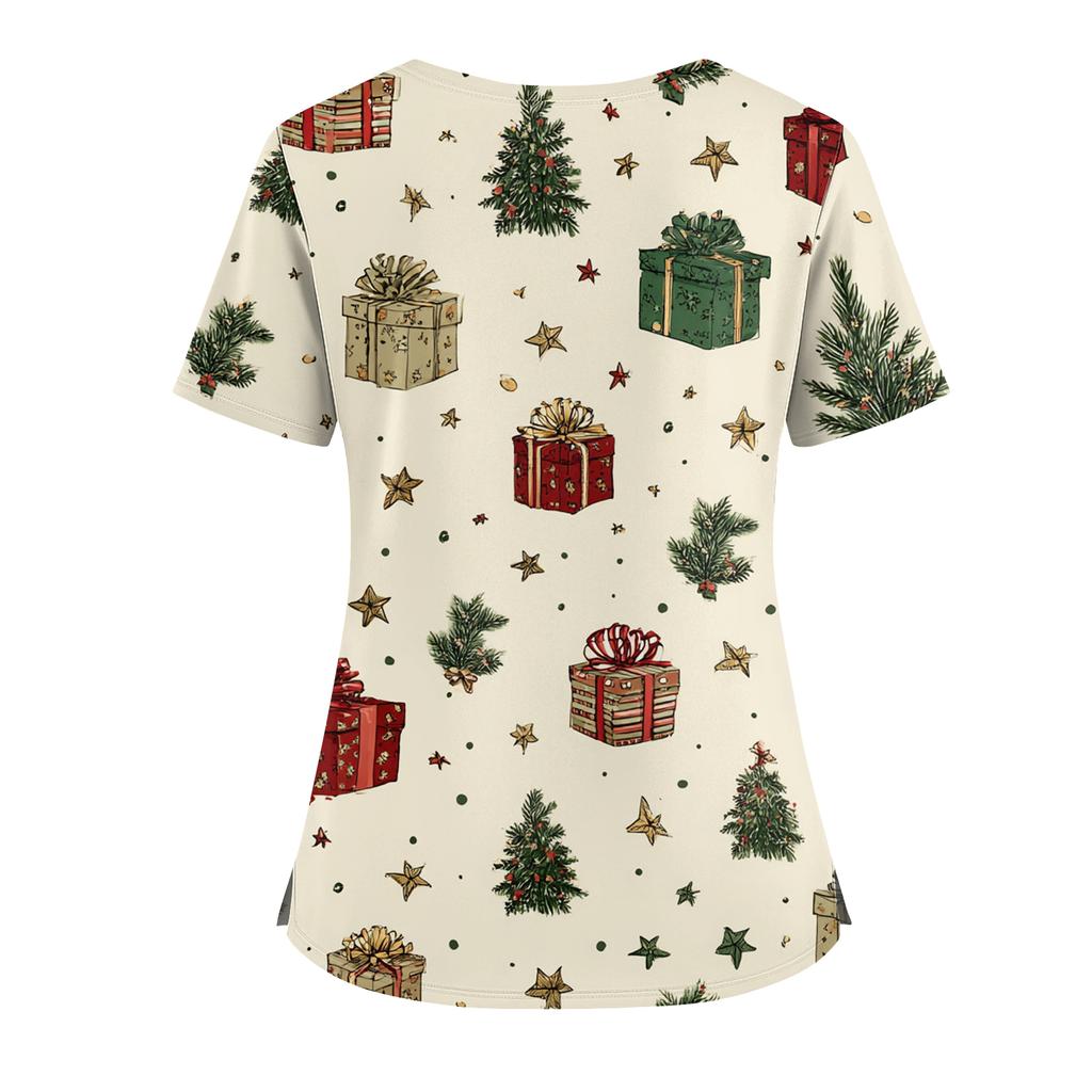 Женский топ с рождественским принтом, V-образным вырезом, двумя карманами, короткими рукавами, разрезом по подолу, униформа и одежда для ухода