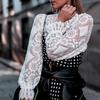 Воротник-стойка с длинными рукавами. Перспективная сексуальная рубашка. Вышивка. Цветочная вязаная крючком кружевная полая футболка. Топ. Уличная одежда.