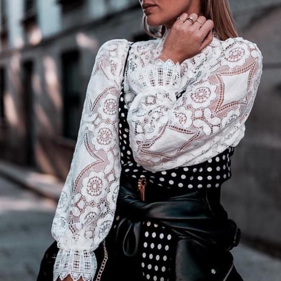 Воротник-стойка с длинными рукавами. Перспективная сексуальная рубашка. Вышивка. Цветочная вязаная крючком кружевная полая футболка. Топ. Уличная одежда.