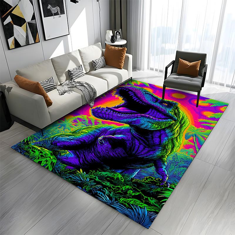 Neon Dinosaur in Tropical Jungle Patterned carpet a non slip rug suitable for all seasons and any setting, gift