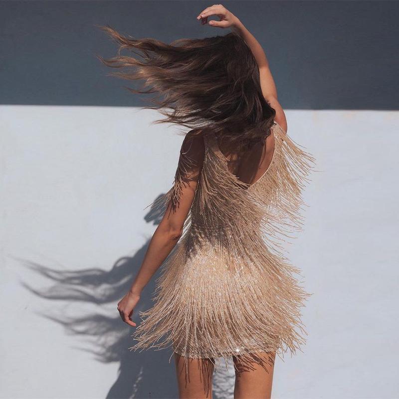Модное блестящее женское платье с пайетками и кисточками, сексуальное облегающее платье без рукавов с V-образным вырезом, элегантное блестящее вечернее пляжное платье в стиле ретро