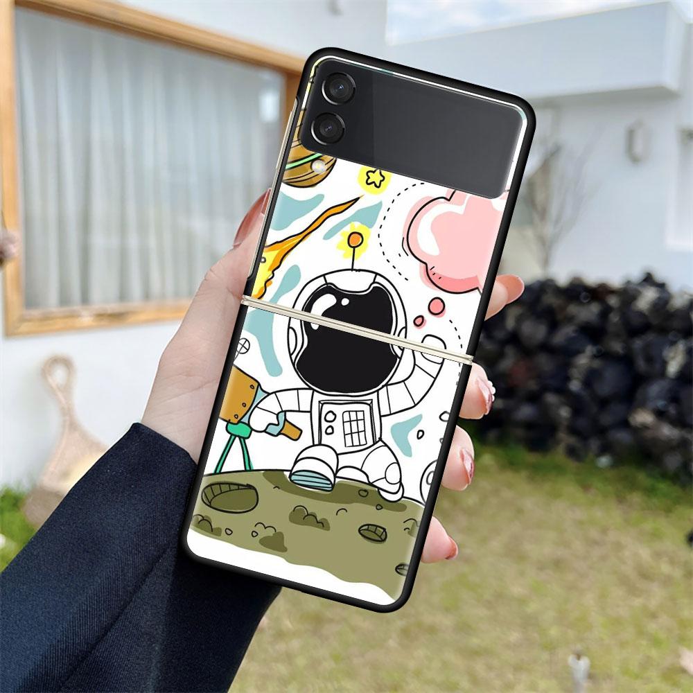 Роскошный чехол для Samsung Galaxy Z Flip 4 3 5G, черный ПК, жесткие чехлы для телефонов, модная задняя крышка ZFlip Funda, мультяшный крутой мешок астронавта