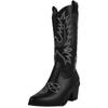 Women's Retro Cowboy Boots Anti-Slip Mid Calf Cowgirl Boots Embroidered Western Pointed Toe Chunky Block Heel Wide Calf Pull On Boots for Women