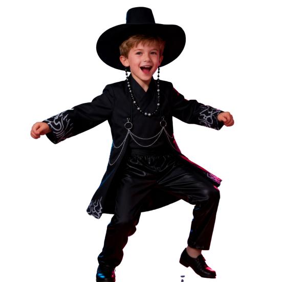 Черный Косплей Костюм Пальто Костюм Наряды Рубашка Брюки Шляпа Ремень Танцевальная Труппа