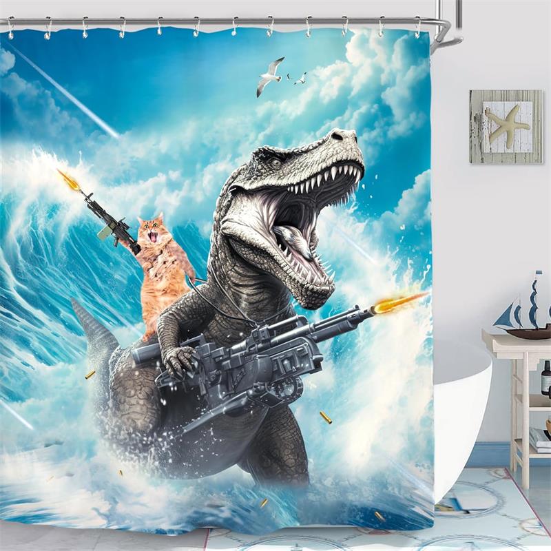 Funny Cat Riding Dinosaur Shower Curtain Cute Animal Surfboard Sea Waves Japanese Landscape Kids Bath Curtains Bathroom Decor