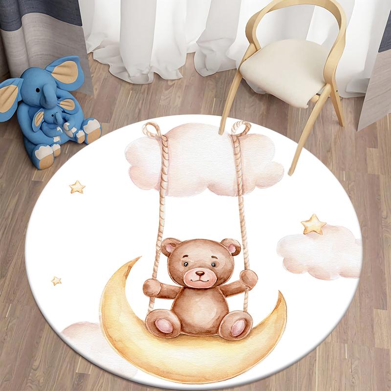 Living Room Round Carpet Floor Mat Kids Anti-Slip Mat Cartoon Bear Print Kids Carpet Kawaii Area Rug