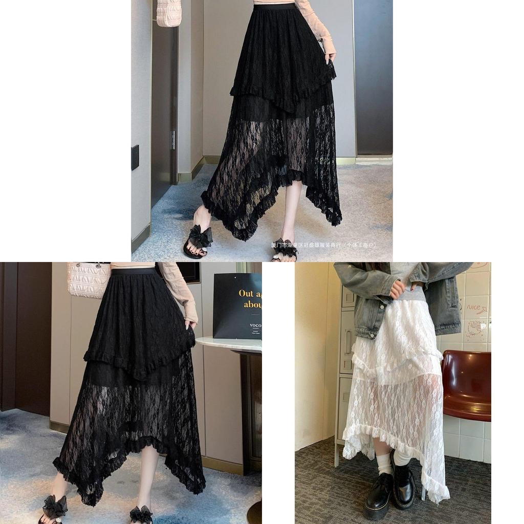 Elegant Lace Cake Skirt With High Waist And Ruffle Hem For Womens Spring Fashion