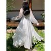 Elegant Maxi Dresses For Women White Off Shoulder Puff Long Sleeve Elastic High Waist Party Gown Ruffle Holiday Dress