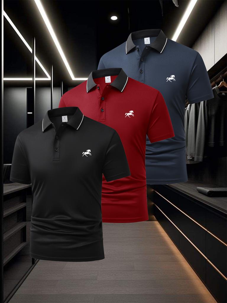 Men's Piped Trim Short Sleeve Polo Shirt, Casual Expo Visit Tops, Regular Fit for Trade Show Outdoor Walk Errands Business Wear