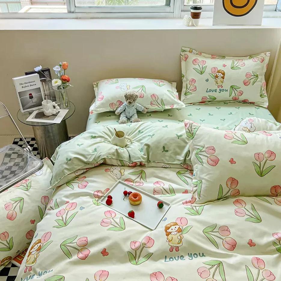 Flower Bedding Sets Skin Friendly Duvet Cover + Flat Sheet +2pc Pillowcase Spring King Queen Twin Single Full Size Bed Linen B91