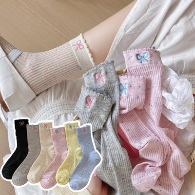 Женские весенне-летние тонкие носки из пряжи Idea с вышивкой бантом и кружевом в рубчик