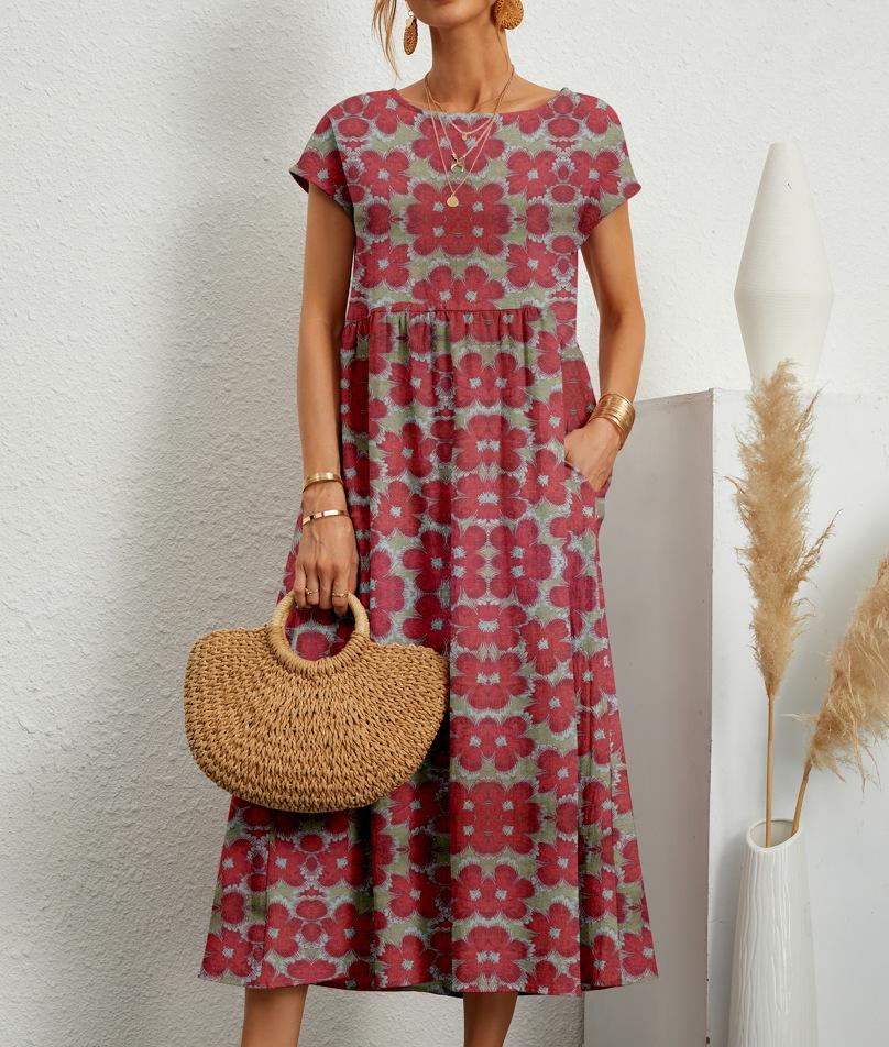 Women Dress Round Neck Printed Short Sleeved A-line Maxi Skirt Unique Floral Long Dresses