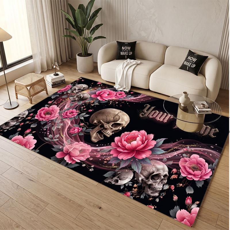 Skull Gothic Theme Soft Crystal Velvet Rug Custom Name & Text Print Non Slip Floor Rug for Bedroom Living Room
