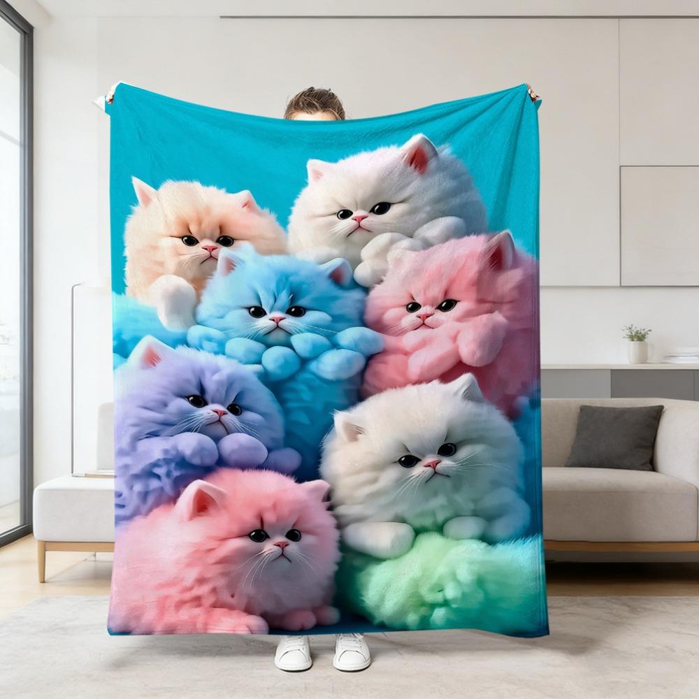150x130cm Plush Blanket Rainbow Gradient Nap Blanket Cat Print Blanket for Kids Room Home Travel