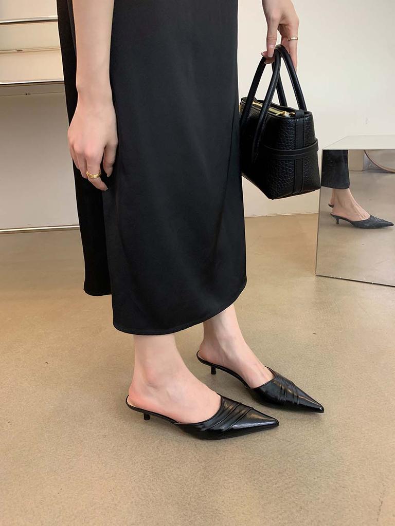 Модные женские тапочки с острым носком, новые поступления 2024 года, модные туфли на тонком среднем каблуке, коричневые, белые, черные, неглубокие туфли-лодочки без застежек