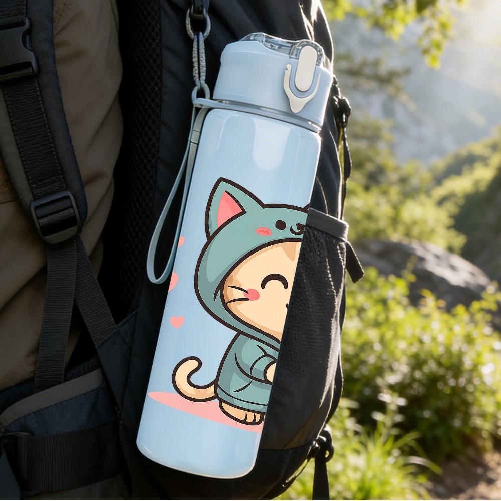 1PC Blue Hood Cat Coffee 750ml Color Plastic Sports Water Bottle Leakproof Flip Straw Lid Suitable for Sports Office Home Use