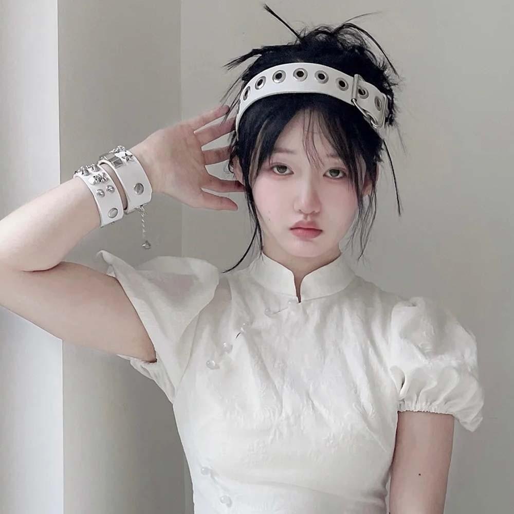 Y2K Панк Ободок с заклепками и вырезами Кожаный ремешок для волос Субкультура Стимпанк Обруч для волос Женский
