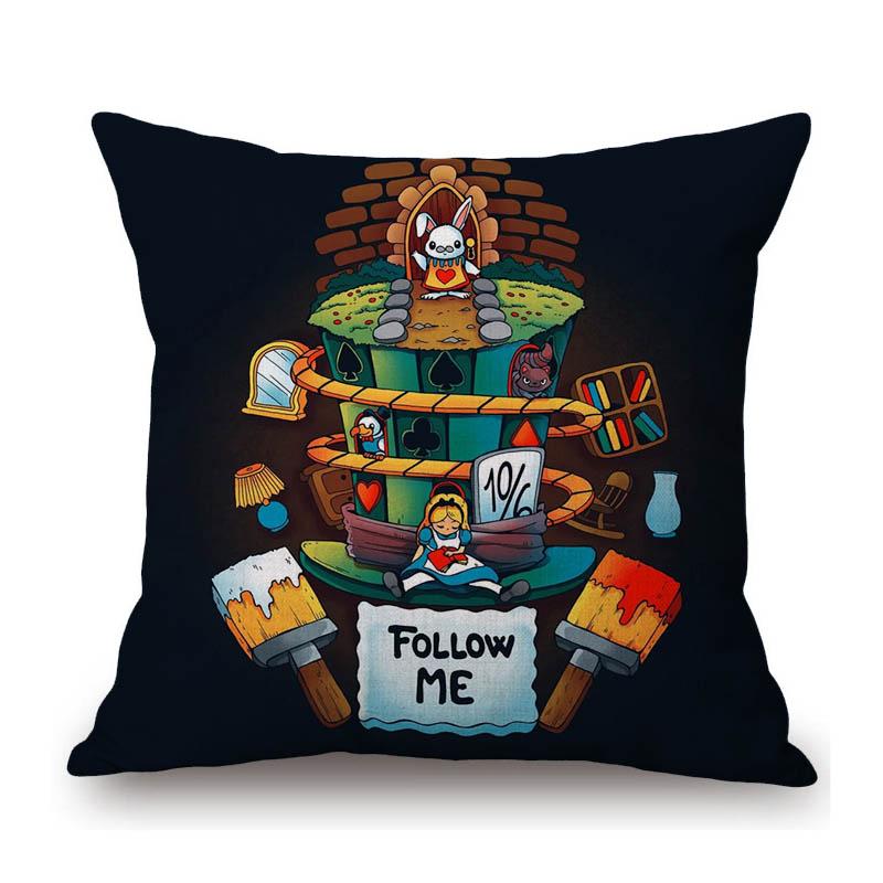 Alice Wonderland Mad Hatter Cartoon Art Tea Time Cartoon Sofa Throw Pillow Case Cotton Linen Car Bench Chair Cushion Cover