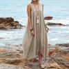 Sleeveless Summer Plus Size Dress Women Elegant V-neck Cotton Linen Casual Dresses Women Fashion Beach Long Lace-up Solid A-line Long Dress 1003