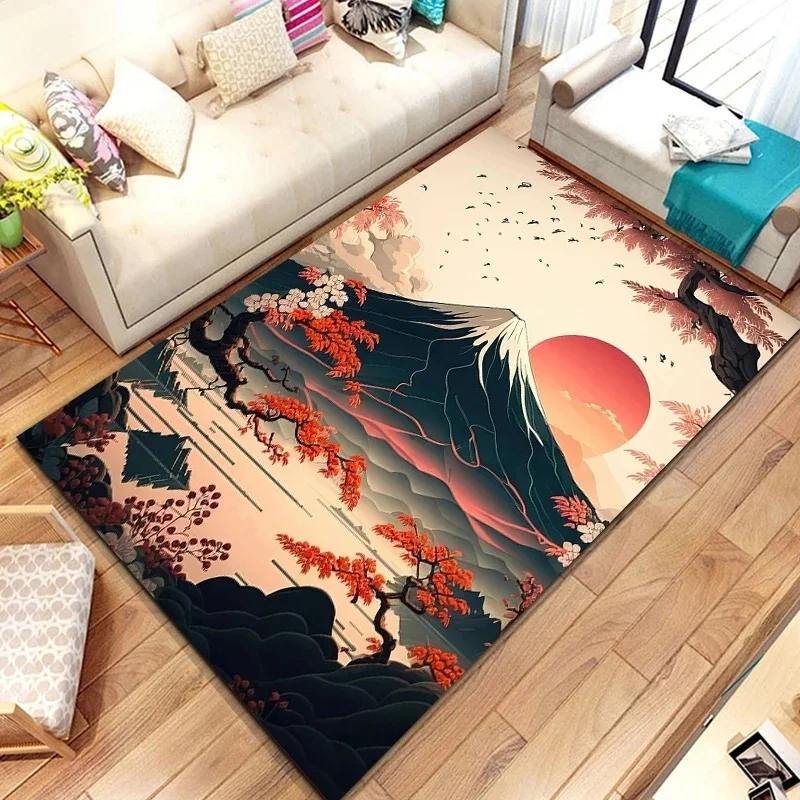 3D Japanese Cherry Blossom Floor Mat with Mount Fuji Design Large Soft Carpet for Kids' Bedroom Stylish Rug for Living Room