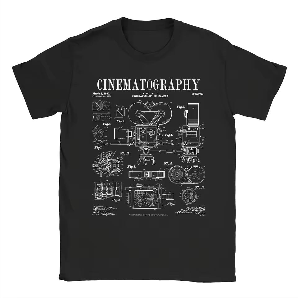 Men's Vintage Cinematography T-Shirt Heavy-Duty Crew Neck Tee with Film Camera Diagrams CFilm Enthusiasts- All-Season