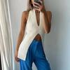 Summer V-neck Halter White Sexy Open Back Split Sleeveless Mid Length Long Length Outer Wear Underwear Knitting Vest Tops Women