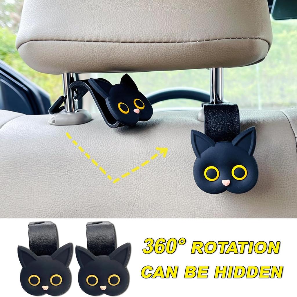 Car Seat Headrest Hooks - Cute Cartoon Cat Hook Vehicle Hanger For Purses, Bags, Coats, Umbrellas Holder (2Pc Black)