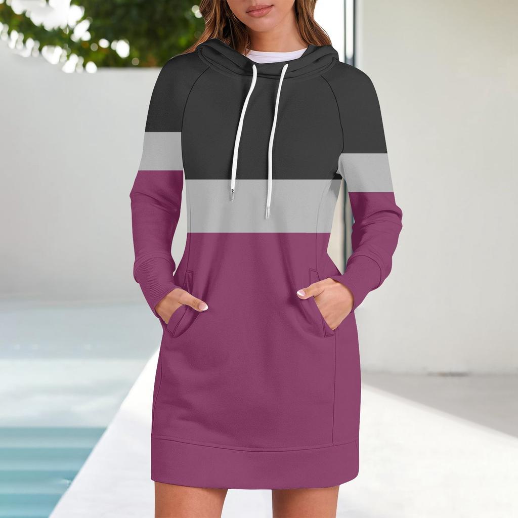 Женские осенние топы с длинным рукавом, круглый вырез, лоскутная толстовка, повседневные платья с рукавом реглан и капюшоном