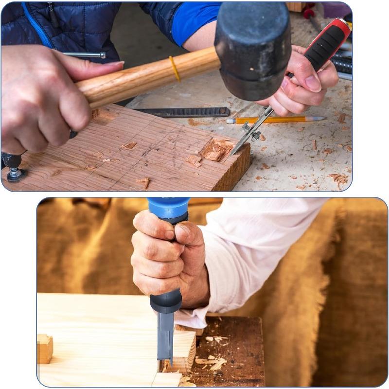 Set of adjustable and portable right angle wood shears for cutting square mortars, grooving (right angle burin)