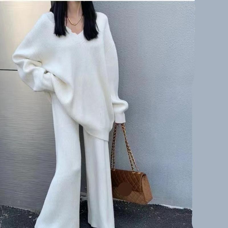 Женский облегающий вязаный костюм с напуском на весну и осень, свободный свитер с v-образным вырезом + широкие брюки с высокой талией, комплект из двух предметов