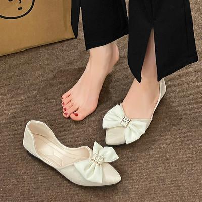 Туфли-лодочки на плоской подошве с острым носком, женские летние новые туфли с бантом, на мягкой подошве, с темпераментом, полые сандалии