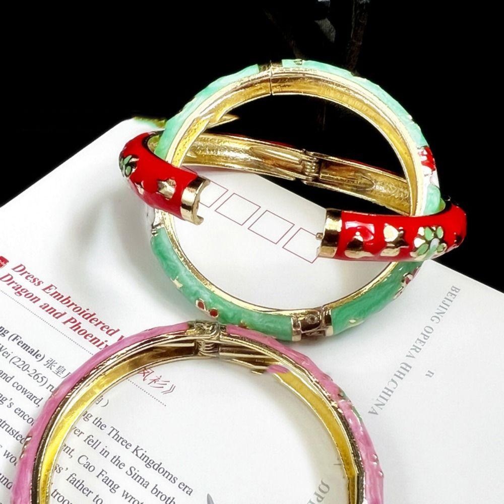 Enamel Peony Filigree Flower Bangle Double Bangle Women's Hand Bracelet Gifts for Women Girl