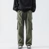 Men Cargo Pants Elastic Drawstring Waist Solid Color Long Pants Pockets Straight Wide Leg Casual Trousers Streetwear