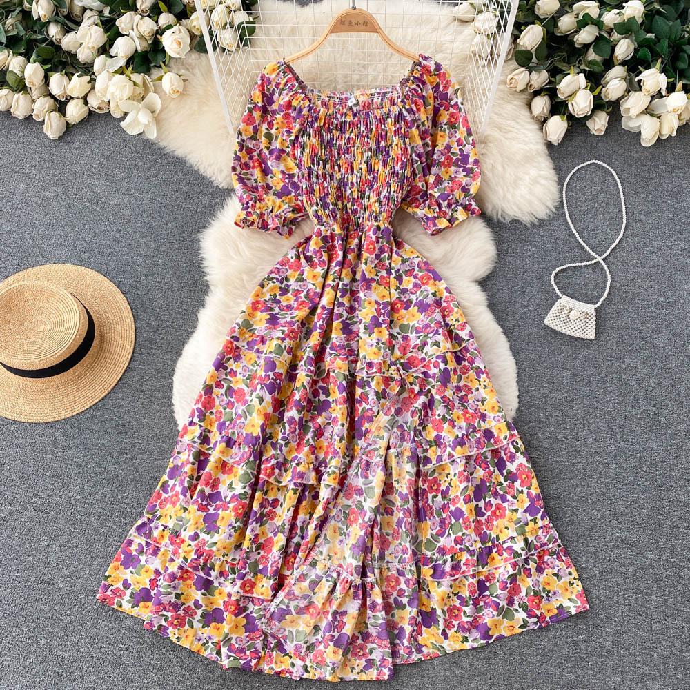 Women's Chic Sweet Slim Square Neck Bubble Sleeve Floral Dress Super Fairy Temperament A-line Dress