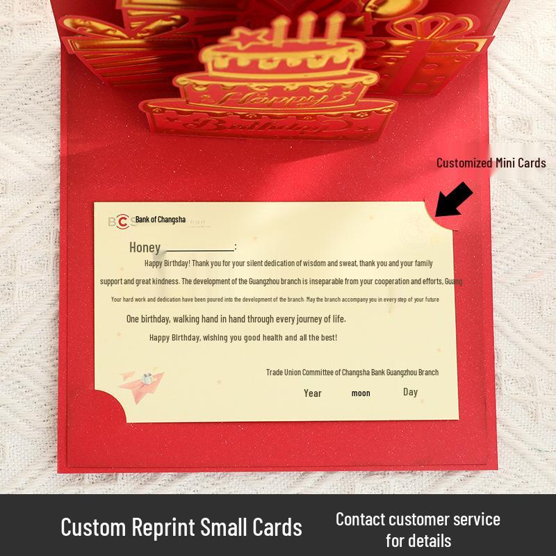 3D Pop-up Birthday Card with Red Envelope & Gold Cake Design - Handmade Paper Cut Blessing