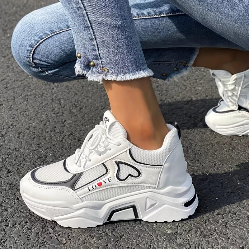 Women's Heart Patten Chunky Sneakers, Fashion Mesh Height Increasing Sports Shoes, Breathable Casual Outdoor Shoes