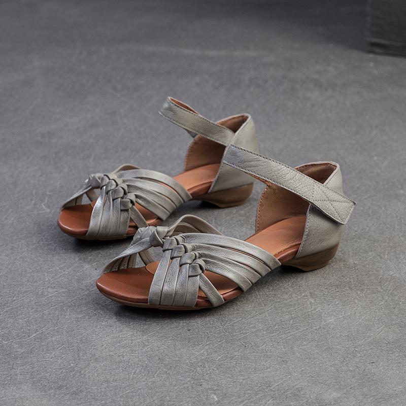 Fashion GKTINOO 2025 Summer New Peep Toed Hollowed Out Hand Woven Flat Sandals Genuine Leather Retro Low Heel Women's Shoes