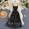 Fashion Daisy Flower Print Mesh Party Dress Women Summer Elegant Spaghetti Strap Vacation Midi Dress Vinatge Beach Clothes New