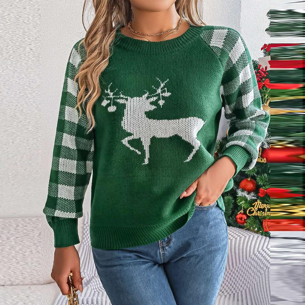 Women's Fashion Casual Loose Christmas Plaid Deer Pattern Contrast Color Sweater Long Sleeve Pullover Top