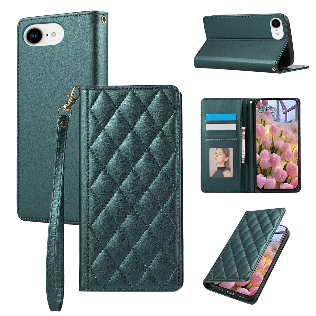 For iPhone 16e Case RFID Blocking Wallet Stand Rhombus Leather Phone Cover with Wrist Strap