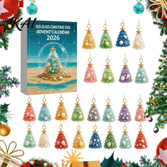 Unique 2026 Advent Calendar Christmas Calendar, Sea Glass Tree 2D Acrylic Ornament Set Coastal Home Holiday Ornaments with Hanging String, Countdown