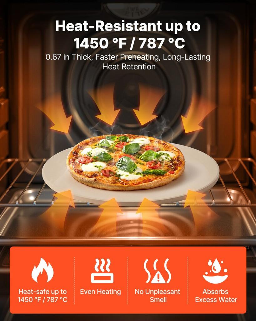 Pizza Stone, 381 mm Round Cordierite Pizza Stone, Extra Large Baking-Stone with Aluminum Peel, 17 mm Thickness Heat-Resistant Cooking Cordierite, for