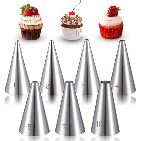 Bewudy 7 Pcs Round Hole Piping Tips Set, Stainless Steel Cupcake Frosting Nozzles Tool Professional Cake Decorating Tool for Baking Cookies Puff