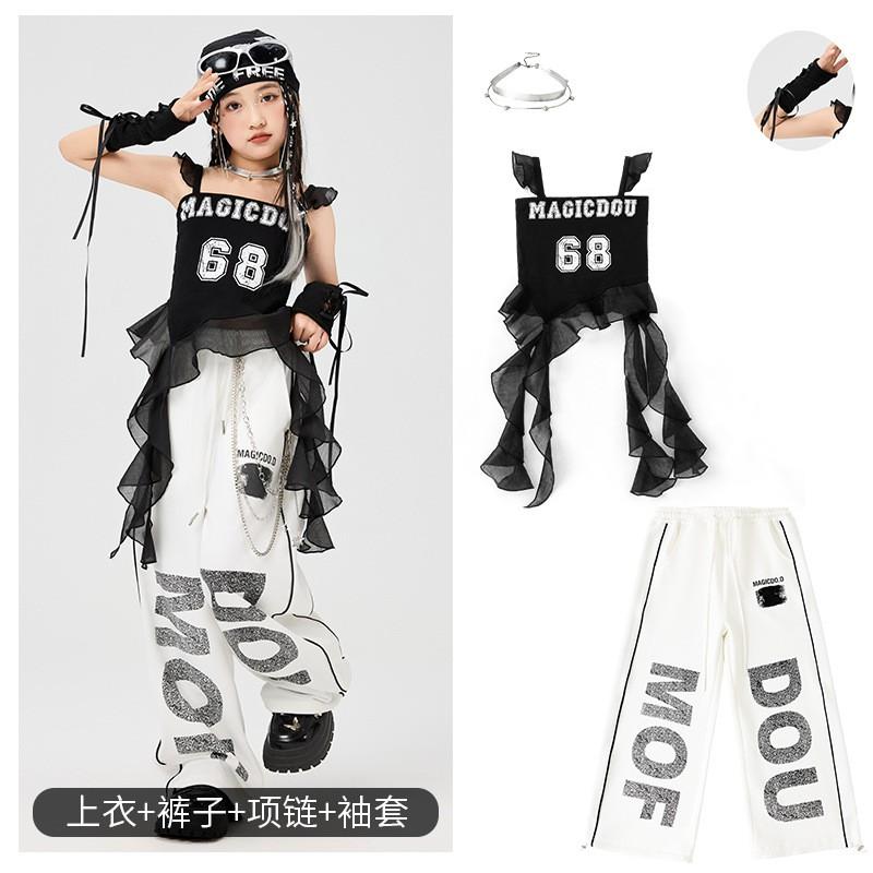Girls Hip Hop Jazz Dance Performance Outfit Streetwear Stage Costume Kids 8 Years Black Crop Top White Printed Pants