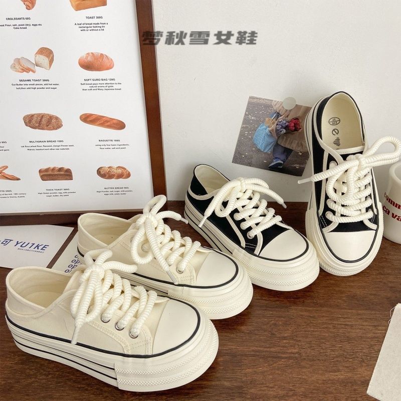 Холщовые туфли на толстой подошве, которые можно носить двумя способами, для женского летнего тонкого нишевого мира по-прежнему универсальны, ретро ленивые люди педалируют модные маленькие белые туфли