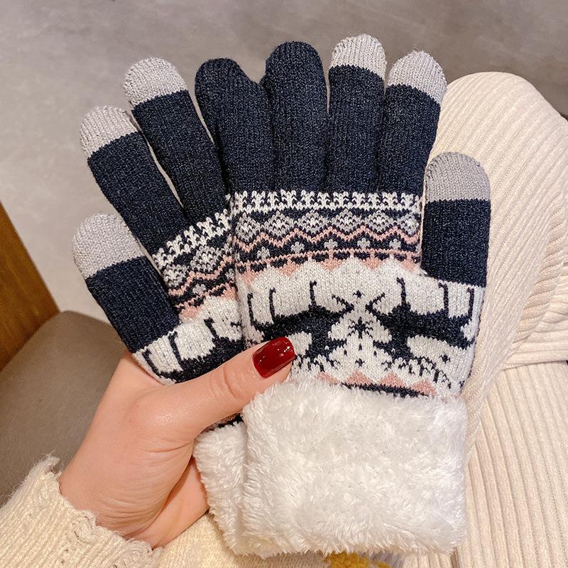 Перчатки для женщин на зиму милые олени пять пальцев плюс плюшевые велосипедные универсальные студенческие тепло толстые сенсорные