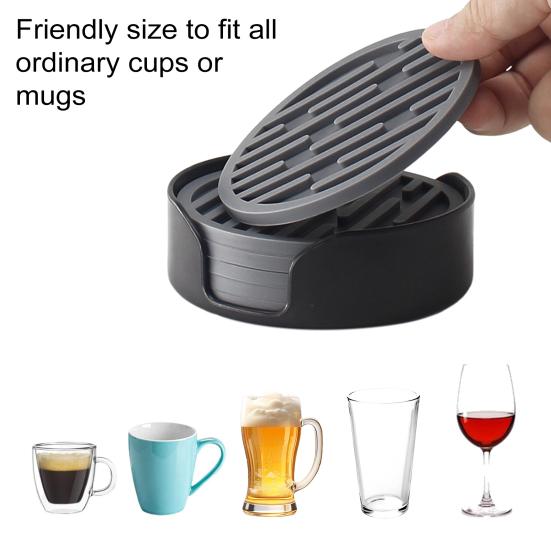 6Pcs Silicone Coasters Set with Holder Non-Slip Cup Mat Drinks Desk Home Decor Tabletop Protection Round Hot Cold Drink Coasters for Wood Glass