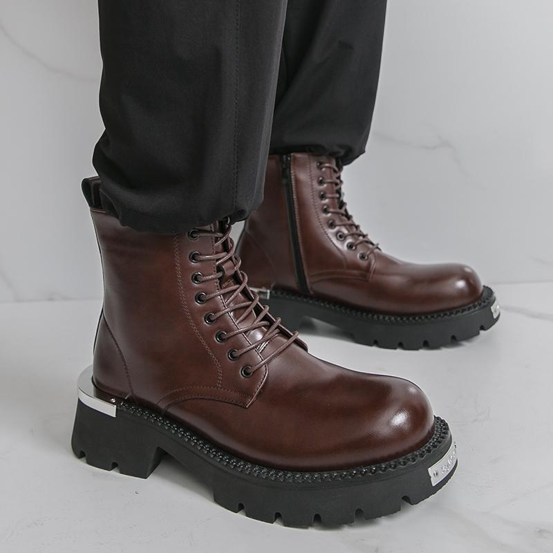 Men’s Retro Punk Thick Sole Platform Boots Cool Elevator Boots Black Brown Motorcycle Boots High Boots Plus Size