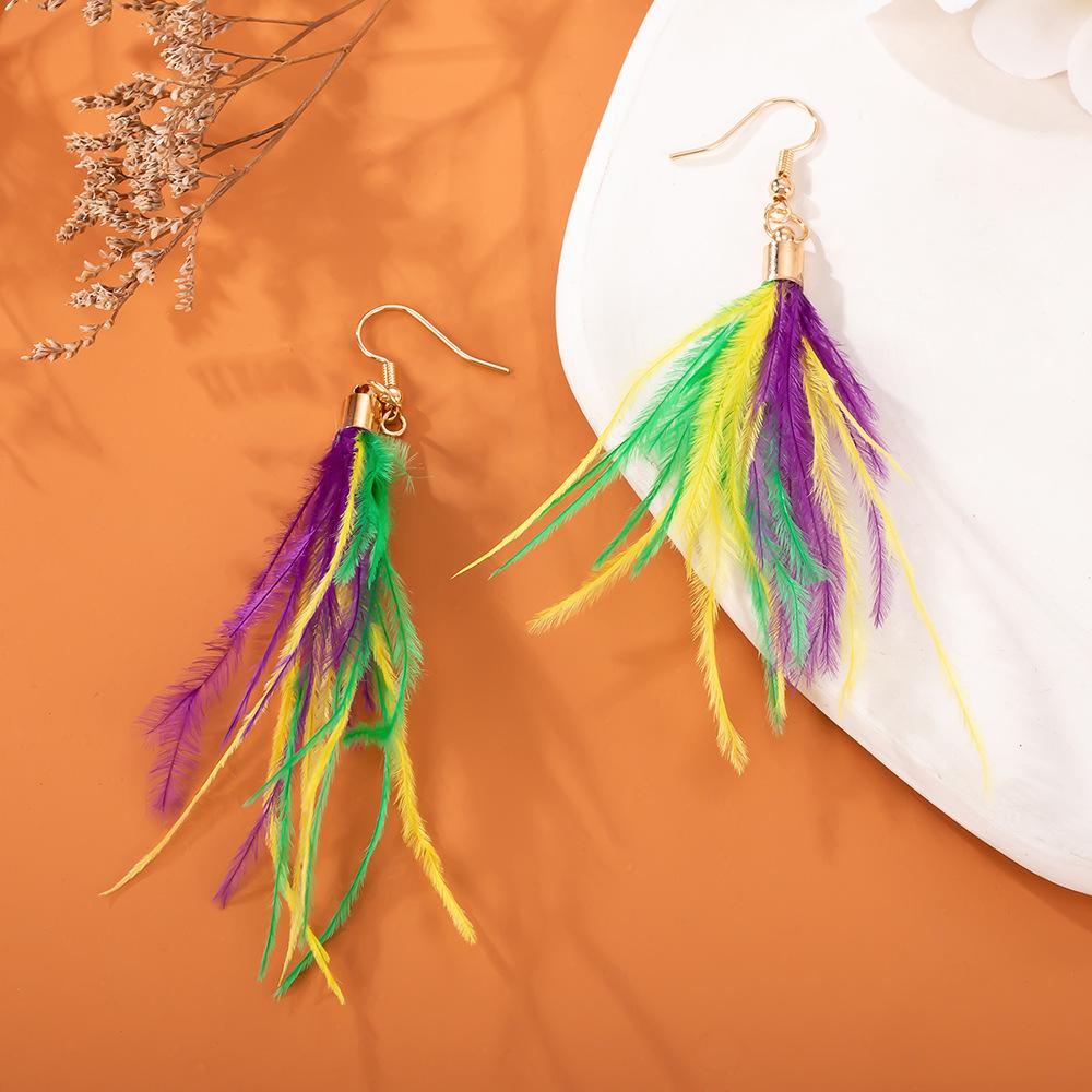 Gold Personalized Colorful Feather Long Tassel Earrings